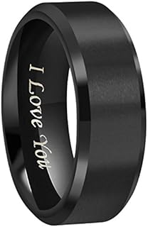 4mm 6mm 8mm Black/Silver Titanium Wedding Couple Bands Rings Men Women Matte Finish Beveled Edges Engraved I Love You Comfort Fit Size 4 To 16