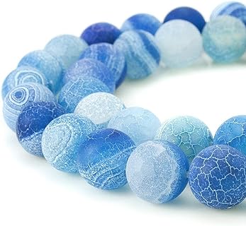 60pcs 6mm Blue Frosted Agate Beads Unpolished Cracked Matte Round Loose Gemstone Beads for Jewelry Making DIY Bracelet Necklace