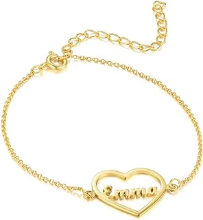 Yafeeso Solid 10K 14K 18K Gold Name Bracelet Anklet,Personalized Heart Name Bracelet with CZ Birthstone for Women Custom Script Nameplate Anklet Mother's Day Gifts Birthday Gift for Wife Mom