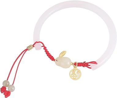 Lobster Claw Clasp 14K Gold Jade Bangle with Box & Rope Chain, Adorned with Agate Rabbit Design, Ideal Gift for Mothers, Wives, Girlfriends
