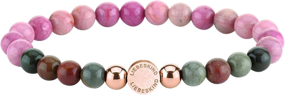 LIEBESKIND BERLIN Armband mit Edelsteinen für jede Frau aus Edelstahl mit Zugband und 6mm Beads, mit Seastone und Rhodonit, 18 cm lang und ideal als Geschenk für jeden Anlass