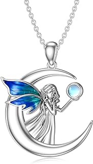 Guardian Angel Sterling Silver Pendant Necklace with Rolo Chain and Moonstone, Perfect for Women, Intricate Moon Design