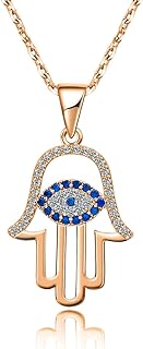 SLOONG Women's Evil Eye Hamsa Hand Pendant Necklace, Rose Gold 14k Plated, with White and Blue Cz - Adjustable Link Chain and Spring Ring Clasp