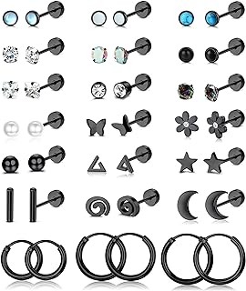 LOLIAS 21Pairs Surgical Steel Flat Back Earrings Hypoallergenic 20G Screw Back Nap Stack Cartilage Earring Stacks