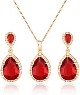 Bridal Jewelry Set for Wedding - 18k Plated Teardrop CZ Crystal Cubic Zirconia Rhinestone Necklace Earrings Set for Bride Bridesmaids Mother of Bride Party Prom Birthstone Costume Jewelry