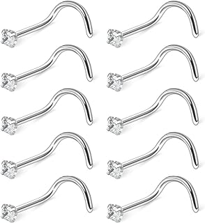 Ruifan 10PCS 20G Surgical Steel Mix Color Diamond CZ Nose Stud Rings Screw Piercing Jewelry 1.5mm 2mm 2.5mm 3mm