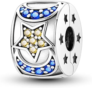 Star Moon Sterling Silver Charm Bracelet with 925 Cubic Zirconia Bead and Clip Lock Stopper for Women and Girls