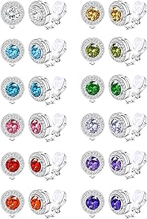 LOYALLOOK 12Pairs Birthstone Clip Earrings for Women Girls Round Cubic Zirconia Clip On Earrings Non Pierced Fake Earrings Clip Stud Earrings with Rubber Pads
