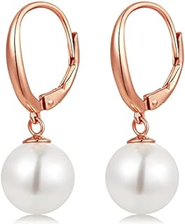 Lever Back Rose Gold Pearl Drop Earrings for Women - 10MM Cubic Zirconia & 925 Sterling Silver Hoop Design