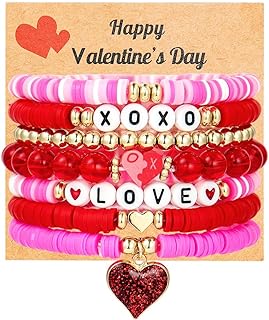 Lobster Claw Clasp, Valentine Bead Bracelets with Cord and Bead Chain, Elegant Pink Clay Stretch Bracelets for Women/Girls - Love Heart Design, Zinc - 7pc Set