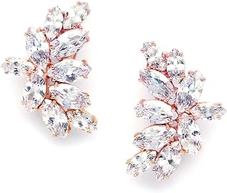 Mariell Rose Gold Clip-On Cubic Zirconia Crystal Bridal Earrings, Marquis Shape CZ Curved Clusters, Non-Pierced Earrings for Wedding, Bridesmaids, Homecoming, Mother of the Bride