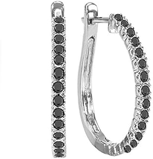 Black and White Diamond Hoop Earrings with Hinged Notch Post, in 10K White Gold for Ladies - Classic Hoop Design