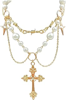 Gold Pearl Cross Necklaces for Women Gothic Hollow Cross Pendant Necklace Vintage Adjustable Necklace Layered Tassels Choker Necklace Sparkle Zirconia Necklace Jewelry
