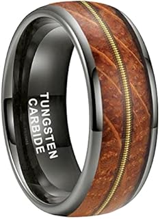 Unique 8mm Tungsten Carbide Wedding Ring with Whiskey Wood Guitar String Inlay for Men and Women, Comfort Fit and Polished Design