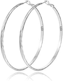 Large Sterling Silver Hoop Earrings for Women Diamond-Cut Silver Hoop Earrings Hypoallergenic Circle 3mm Thin Hoop Oversize Big Silver Hoop Earrings 925 Sterling Silver for Girls 20/30/40/50/60mm