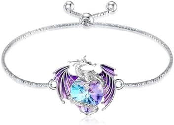 Women's Sterling Silver Dragon Cuff Bracelet with Lobster Claw Clasp, Box Chain, and Purple Heart Crystal Design