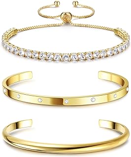 Fansilver 14K Gold Bracelets for Women Trendy Bangle Cuff Chain Bracelets Set Gold Plated Paperclip Bead Tennis Bracelet Chunky Gold Filled Bracelet Stack 3/4PCS