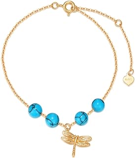 Rikelus Turquoise Dragonfly Anklet for Women, 14K Real Gold Dragonfly Pendant Ankle for Girlfriend Her Christmas Gift 8+1+1 inch