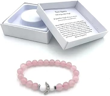 ESROVER Handgefertigtes Rosenquarz Edelstein Armband mit Schutzengel für Frauen, elastisch 18 cm, in Geschenkbox. Ideal als Glücksbringer und Freundschaftsarmband