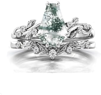 Vintage Moss Agate Engagement Ring, Natural Gemstone, Adjustable 925 Sterling Silver, Hypoallergenic, Nickel-Free Jewelry Gift for Her, Sizes 4-12