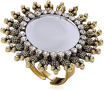 Vintage Mirror Sunflower Big Statement Ring for Women Girls Oxidized Gold Plated Cubic Zirconia Adjustable Expandable Boho Round Open Band Rings Comfort Fit Indian Bollywood Cocktail Party Jewelry