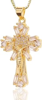 18k Gold Plated Jesus Pendant Necklace with Box Chain and 5A Cubic Zirconia for Ladies - Elegantly Designed Cross Shape