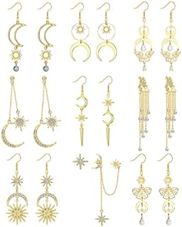 French Wire Clasp, Moon Dangle Earrings with Rhinestone, Stainless Steel Chain, for Women, Stars/Sun/Butterfly Designs