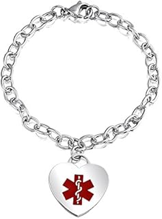 Personalize Customizable Link Chain Fashionable Red Medical identification ID Charm Bracelet Heart Shape Tag Engrave For Women Teen Silver Tone 7,7.5 Inch