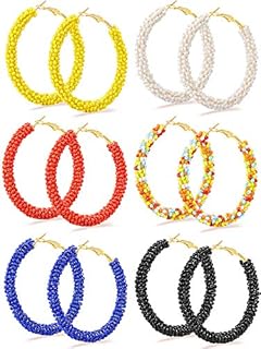 6 Pairs Bohemian Beaded Hoop Earrings Women Colorful Handmade Large Circle Dangle Drop Earrings for Women Girls(Cute Colors)