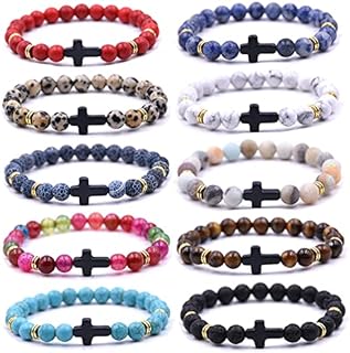 8MM Beaded Bracelets Couples Bracelets Cross Bracelet for Women Men Lava Rock Turquoise Tiger Eye Natural Bracelet Anxiety Stretch Elastic Healing Bracelet