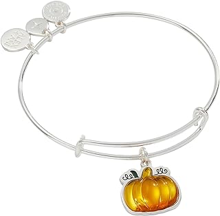 Alex and Ani Pumpkin Expandable Wire Bangle Bracelet, Shiny Silver Finish, Orange Pumpkin Charm, 2 to 3.5 in