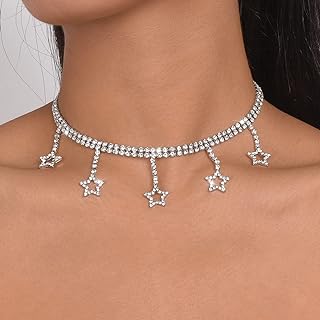Chargances Sparkly Rhinestone Star Pendant Choker Silver Statement Crystal Necklace Dainty Star Jewerly for Women and Girls