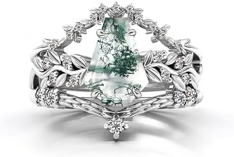 Exquisite Natural Moss Agate 3-piece Engagement Ring Set in Silver/10K/14K/18K Gold- Unique Leaf-Inspired Bridal Rings with Stunning Green Agate Gemstones