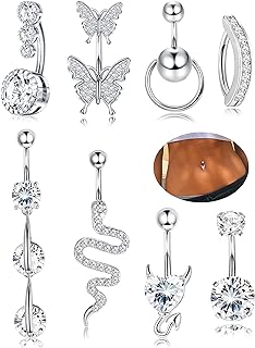 FIBO STEEL Belly Button Rings for Women 316L Surgical Steel Dangle Belly Rings CZ Butterfly Heart Curved Reverse Navel Rings White Barbell Belly Piercing Jewelry 14G