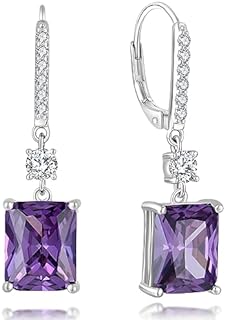 Sterling Silver Leverback Sapphire Drop Earrings with Cushion Cut Created Amethyst for Women - Dangle Design Jewelry Gift for Her by Guesma