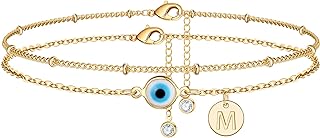 Evil Eye Ankle Bracelets for Women, 14K Gold Plated Dainty Disc Letter Initial Ankle Bracelets Layered Anklet Evil Eye Ankle Bracelets for Women Beach Jewelry Gifts