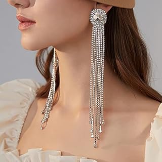 French Wire Clasp Extra-Long Rhinestone Tassel Drop Earrings with Crystal Accents for Women and Girls, Bridal Chandelier Design