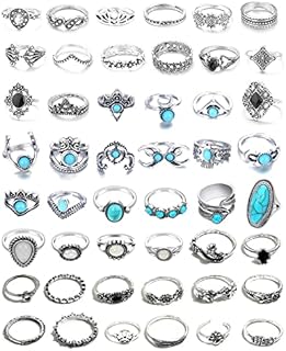 48 Pcs Vintage Turquoise Rings Set Silver Knuckle Rings Western Rings Bohemian Oval Gemstone Rings Boho Joint Knuckle Rings Midi Stacking Rings for Women and Girls