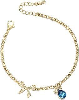 XUPING Bow Bracelet for Women Dainty Gold Bow Charm Sapphire Blue Crystal Adjustable Size Fashion Jewelry Gifts