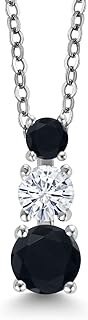 Gem Stone King Black Onyx and White Moissanite 3 Stone Pendant Necklace For Women (0.81 Cttw, Gemstone Birthstone, Round 5MM, 4MM and 3MM, with 18 Inch Chain)