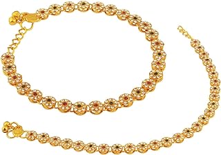 Efulgenz Indian Anklets Floral CZ Crystal Auatrian Stone Indian Anklet Sets for Women Boho Ankle Bracelet Pair Anklet Set with Bell Charms Payal Beach Barefoot Feet Jewelry for Women, Onesize