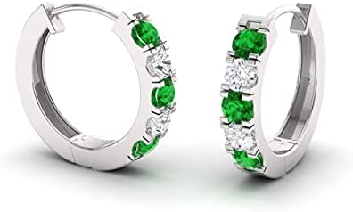 Diamondere Certified Emerald and Diamond Huggie Earrings with Lever Back in 14K White Gold for Women