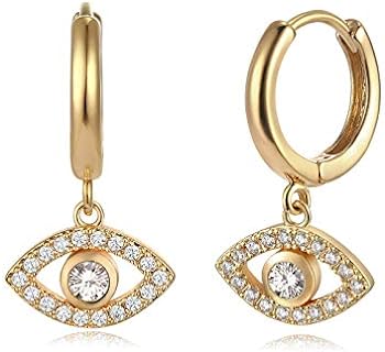 14K Yellow Gold Plated Evil Eye Huggie Hoop Earrings with Cubic Zirconia for Women, Push Back, Hypoallergenic Everyday Jewelry