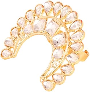 Touchstone NEW Indian Bollywood Traditional Royal Rajwada Kundan Look Crescent Half Moon Adjustable Size Designer Wedding Jewelry Cocktail Finger Ring In Gold Tone For Women.