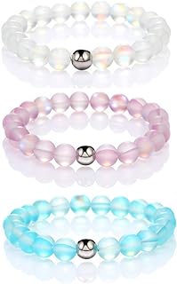 3-Piece Iridescent Mermaid Bead & Rhinestone Stretch Bracelets with Love Charm - Mystic Round Glass Beaded Elastic Wristband, Alloy and Stone Jewelry for Women and Girls