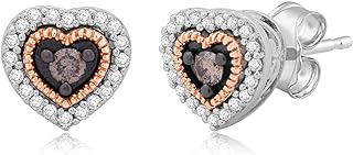 Jewelili 10K Rose Gold Sterling Silver 1/5 Cttw Round Champagne and White Diamonds Heart Stud Earrings