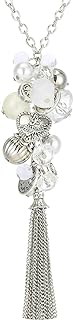 PEARL&CLUB Silver Long Tassel Necklaces for Women Boho Chain Necklace with Tassel Beaded Pendant Silver Fashion Jewelry Gifts for Women