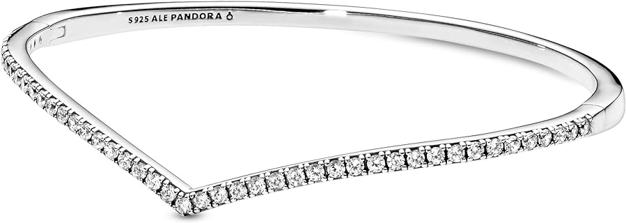No-Clasp Box Chain Sterling Silver Cubic Zirconia Wishbone Bangle Bracelet by Pandora for Women, Comes with Gift Box