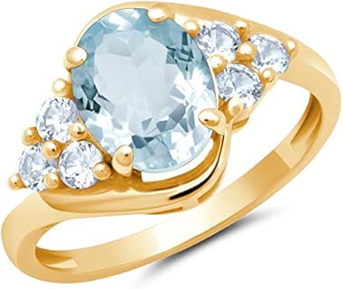 MAX + STONE Gemstone Oval Sunburst Halo Ring for Women in 10k White or Yellow Gold with Created White Sapphire and Birthstone Anniversary Ring Size 5 to 9