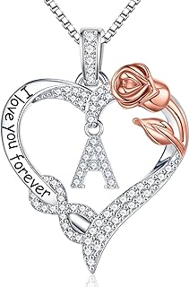Cable Chain Sterling Silver Clasp with Cubic Zirconia and Rose Pendant Necklace for Women and Girls - Heart and Initial Design